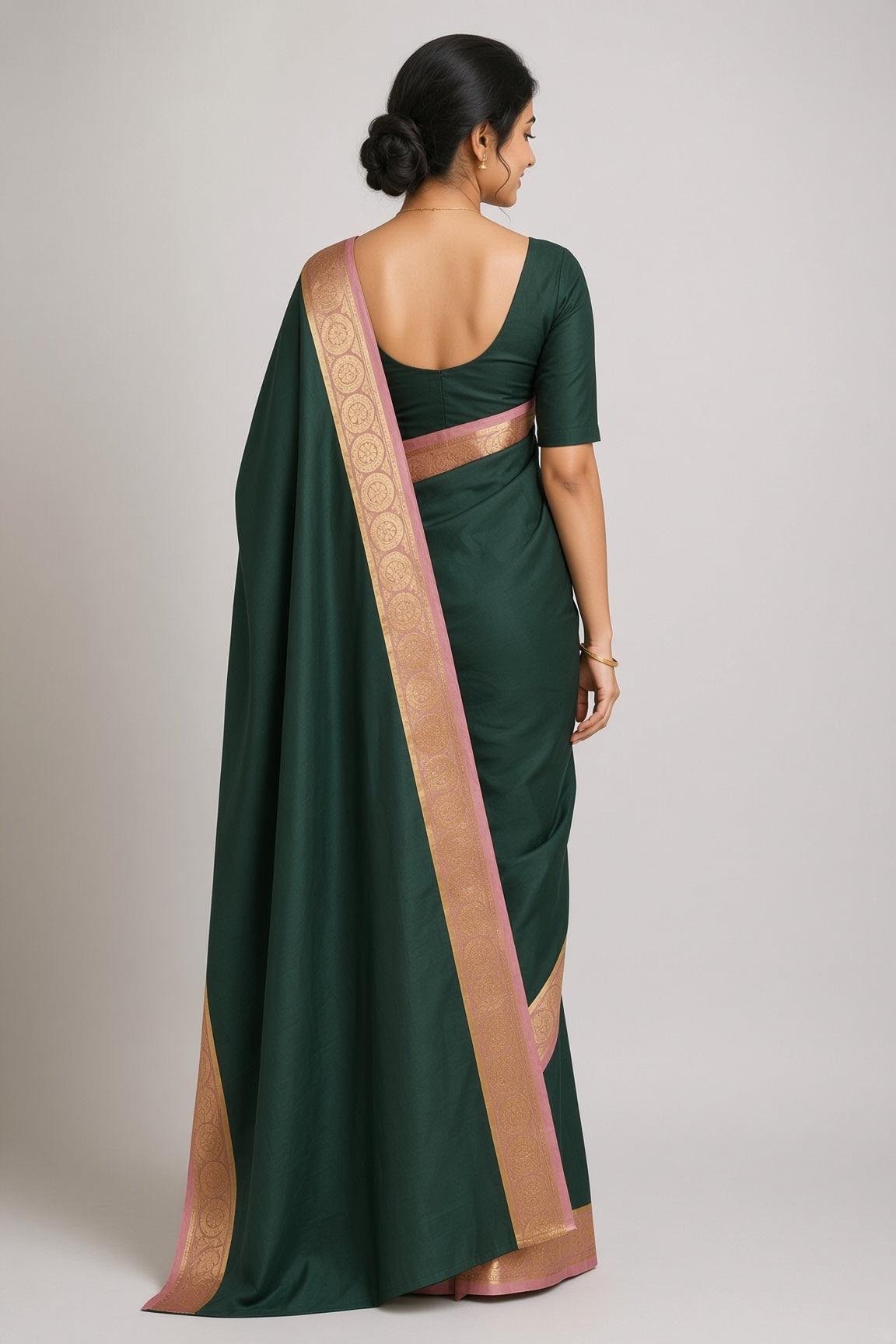 Forest Green Saree with Pink Gold Zari Border