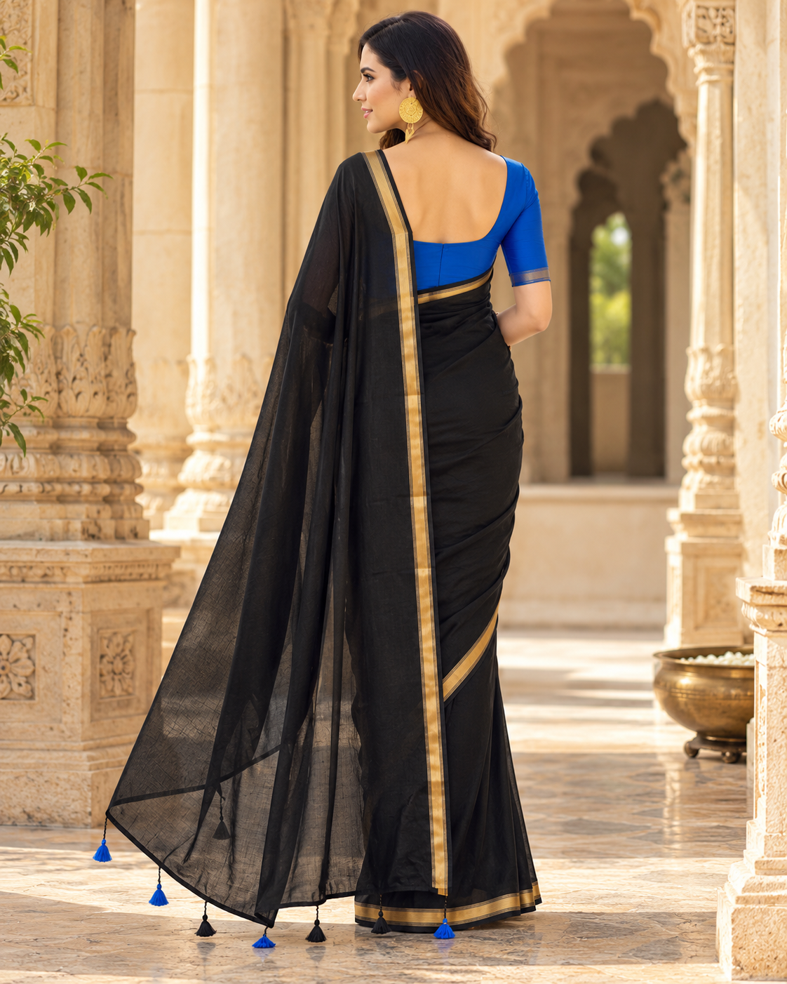 MIRA Sarees Black Mysore Crepe Saree with Gold Border