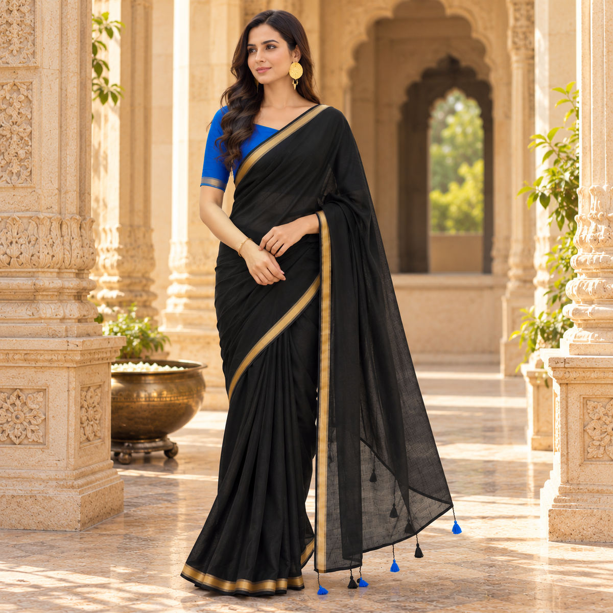 MIRA Sarees Black Mysore Crepe Saree with Gold Border