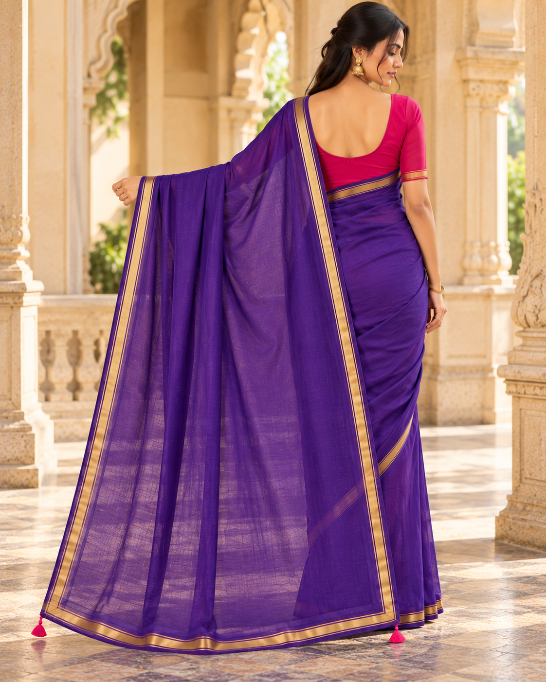 MIRA Golden Grace Royal Purple Saree with Gold-Tone Border