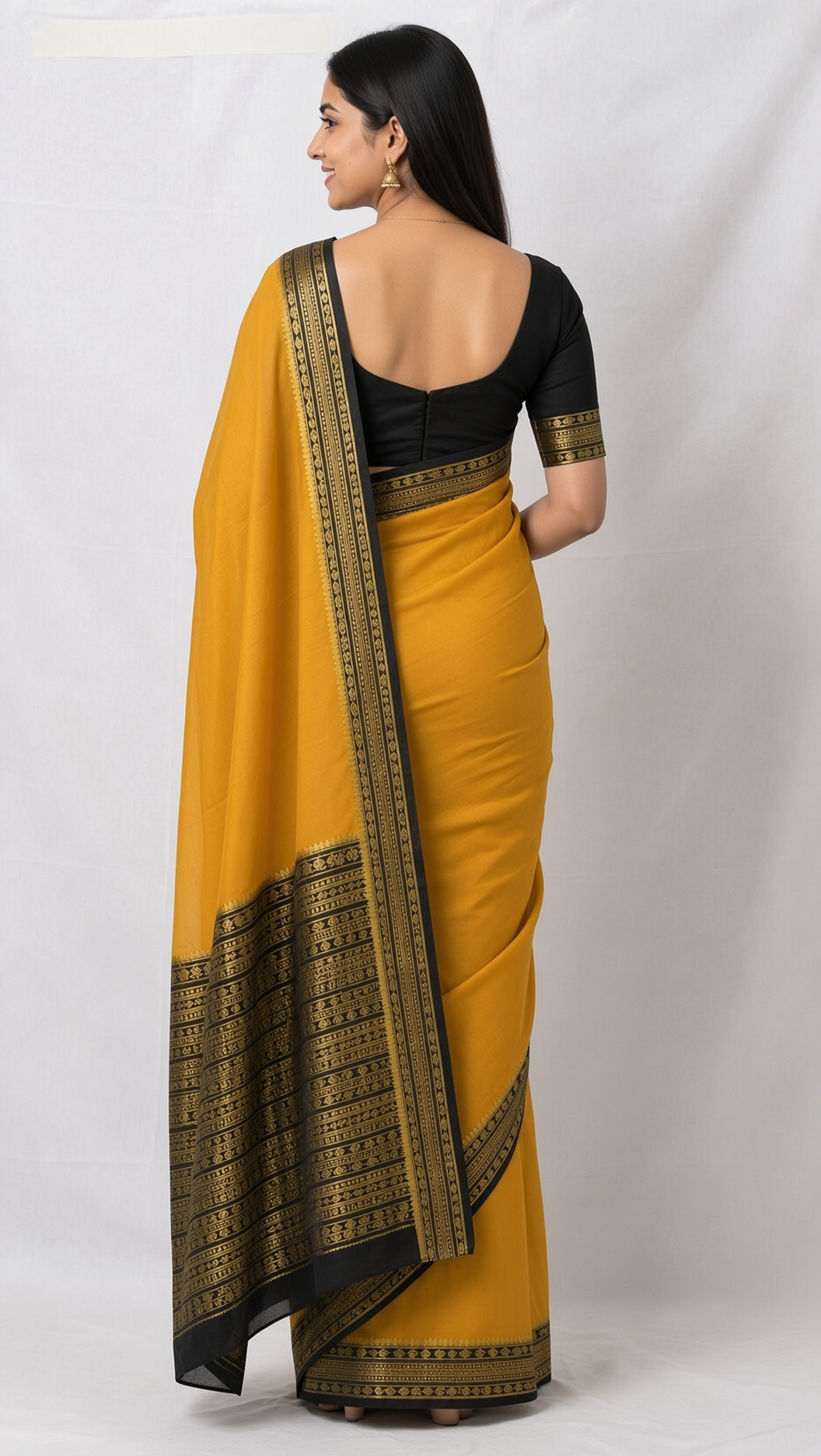 Mustard Yellow Saree with Black & Gold Woven Border