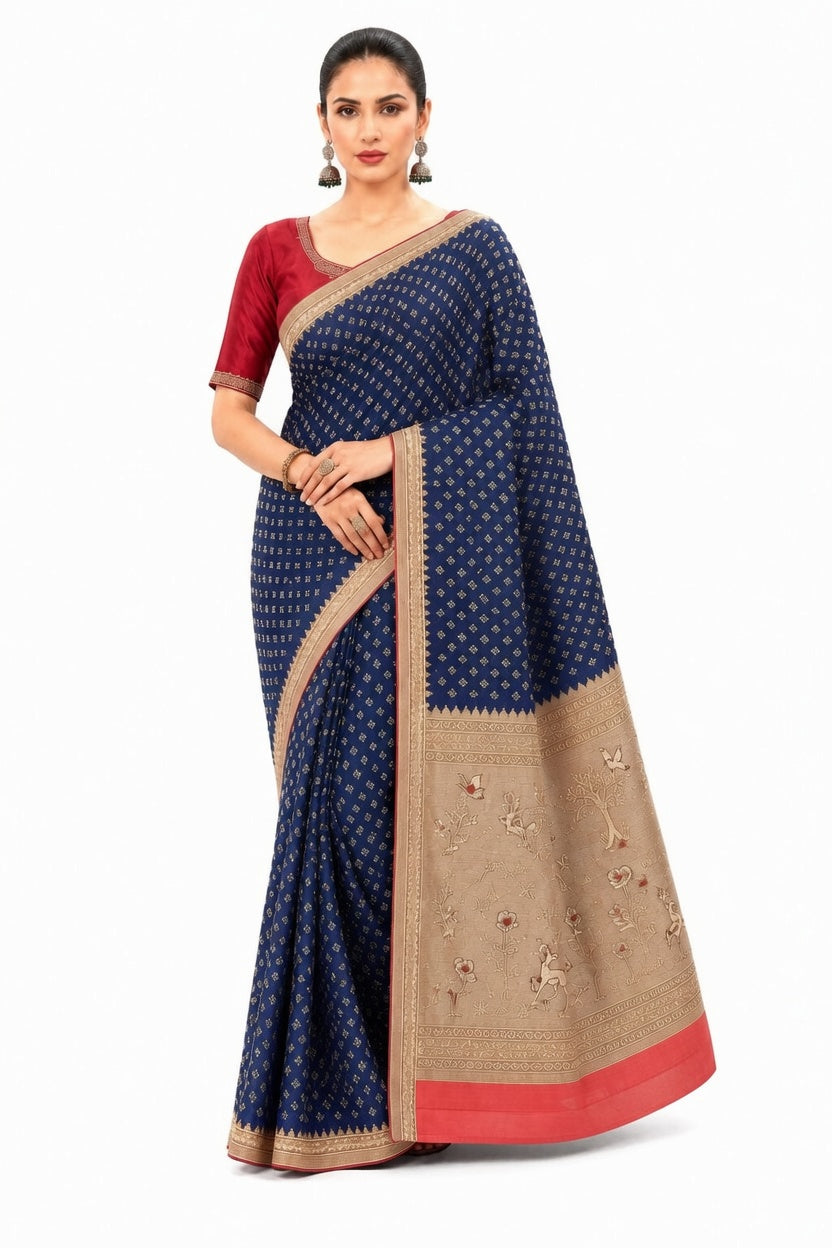 Women's Woven Mul Cotton Saree with Premium Raw Silk Pallu & Contrast Zari Border