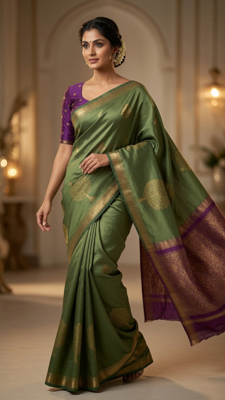 Meera Soft Silk Saree Green with Pink Zari Pallu