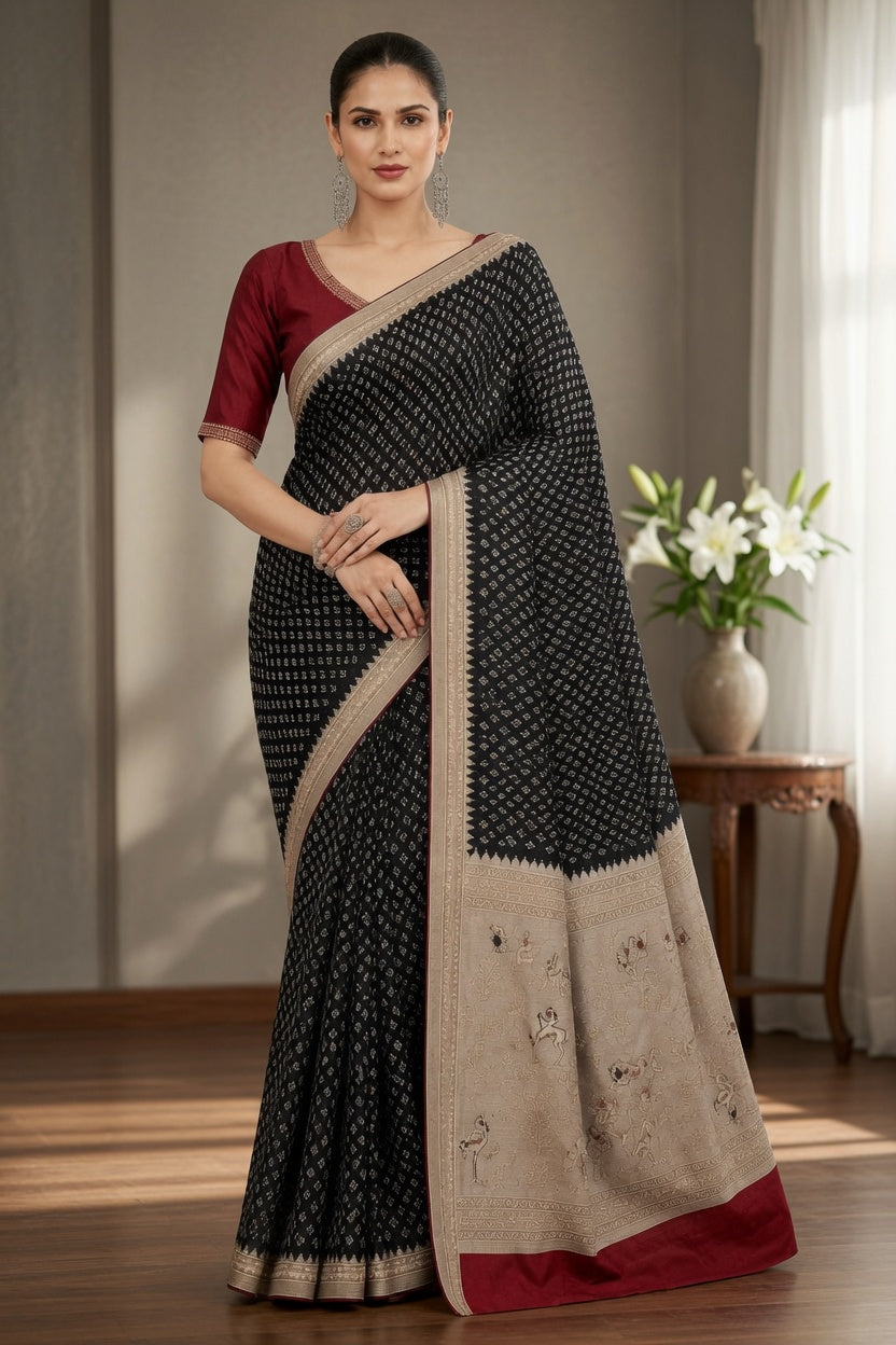Women's Woven Mul Cotton Saree with Premium Raw Silk Pallu & Contrast Zari Border