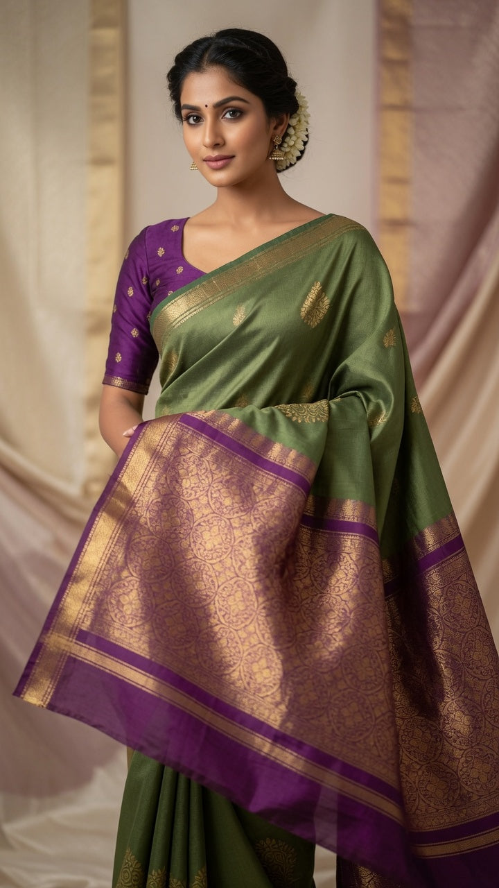 Meera Soft Silk Saree Green with Pink Zari Pallu