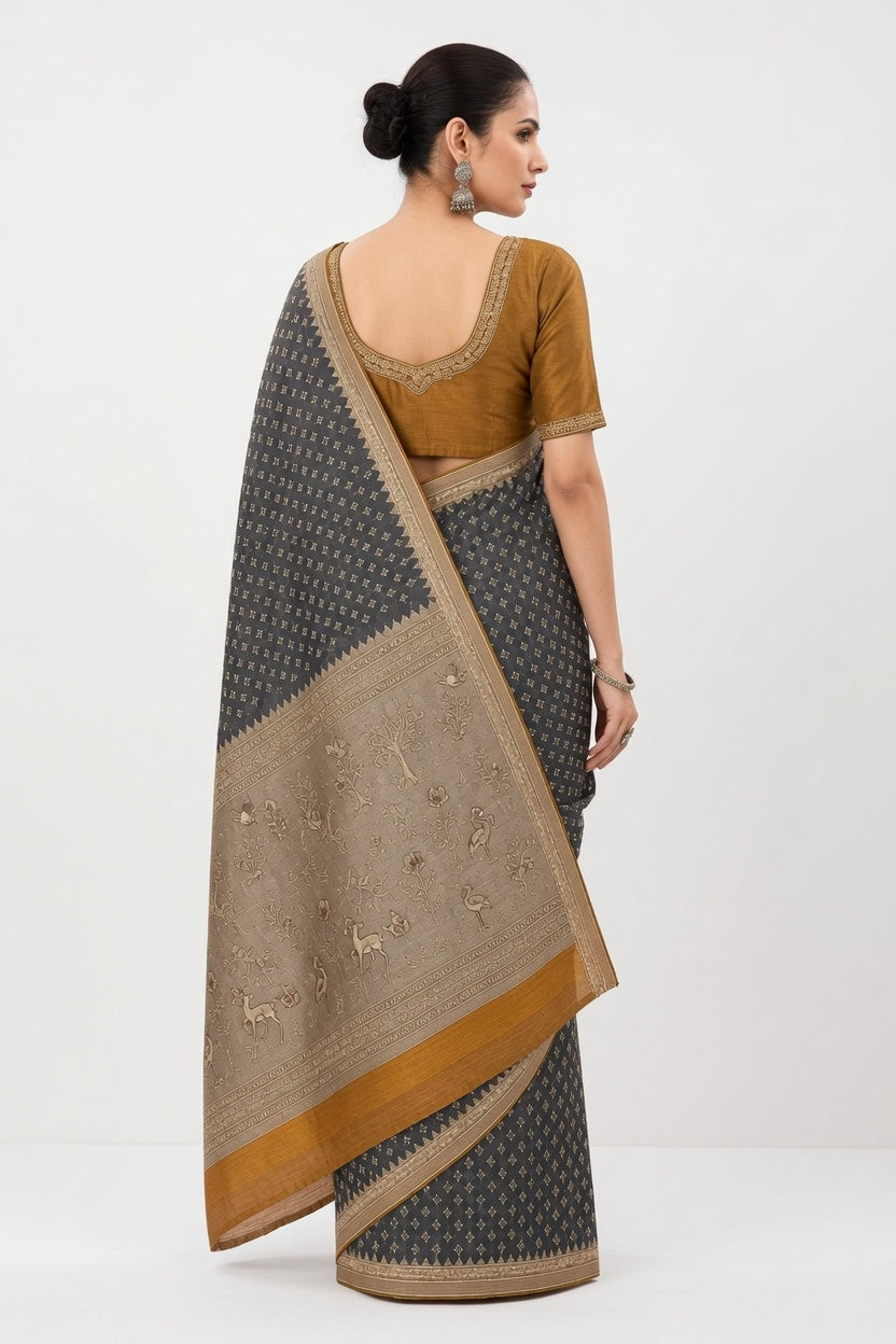 Women's Woven Mul Cotton Saree with Premium Raw Silk Pallu & Contrast Zari Border)