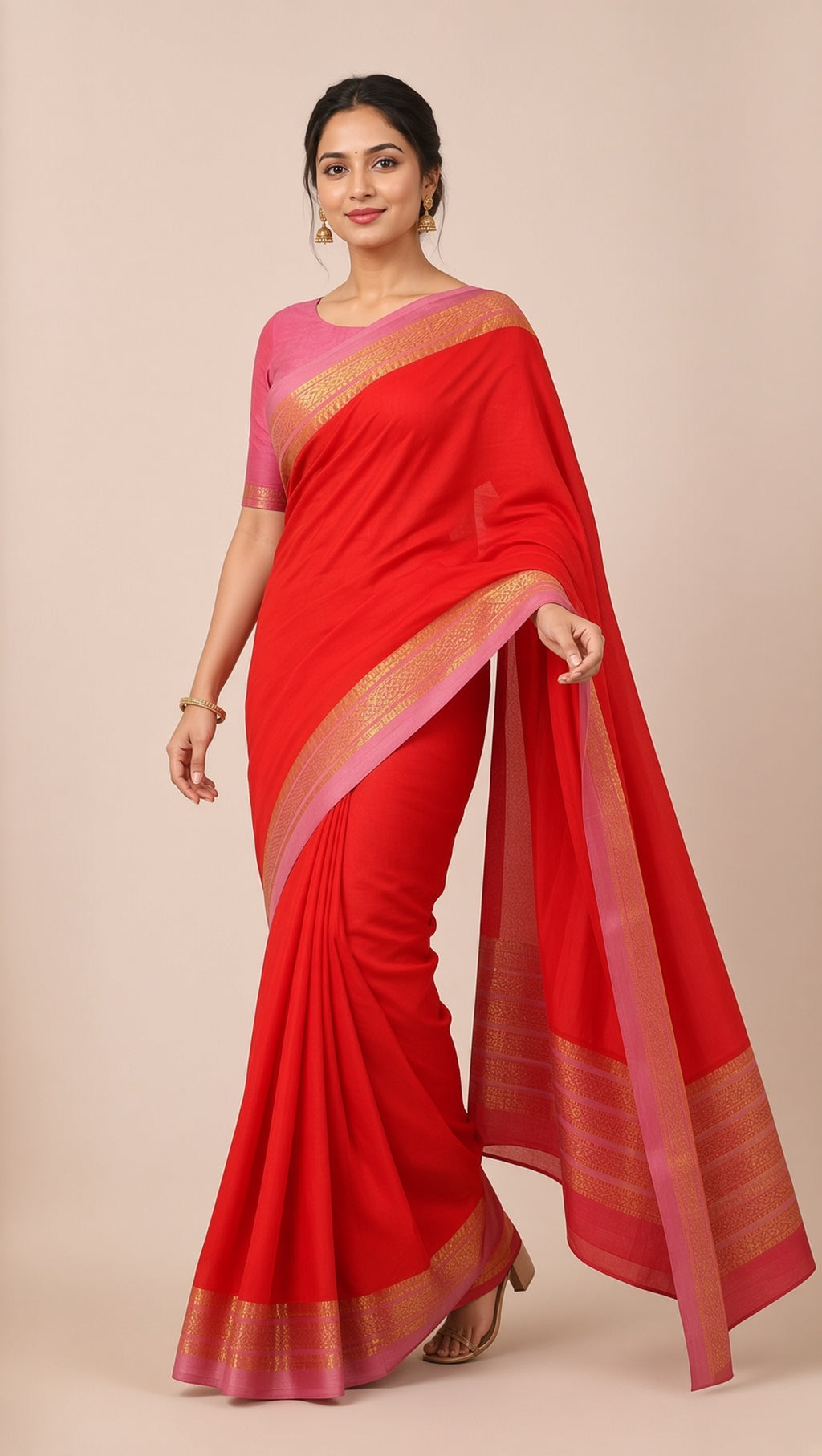 Orange Mysore Crepe Saree with Pink & Gold Zari Border