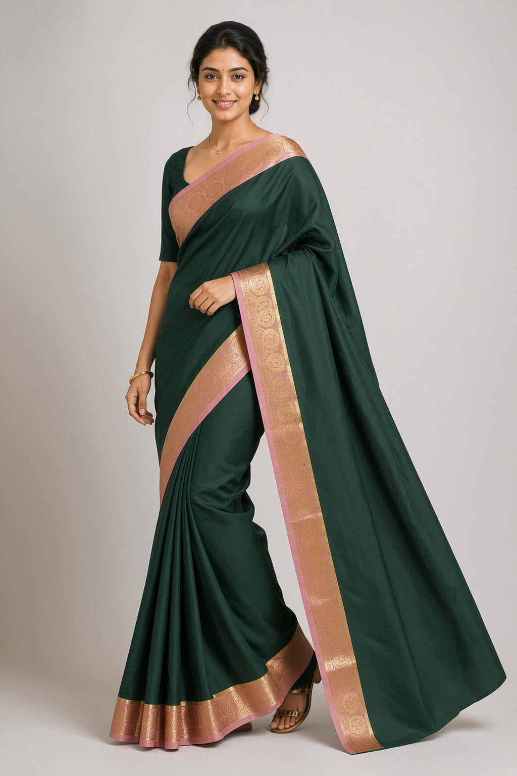 Forest Green Saree with Pink Gold Zari Border