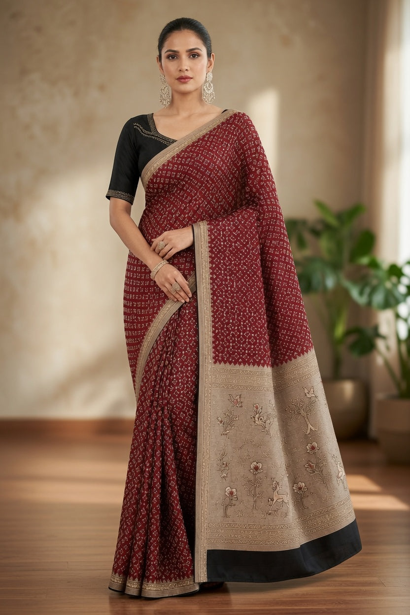 Women's Woven Mul Cotton Saree with Premium Raw Silk Pallu & Contrast Zari Border