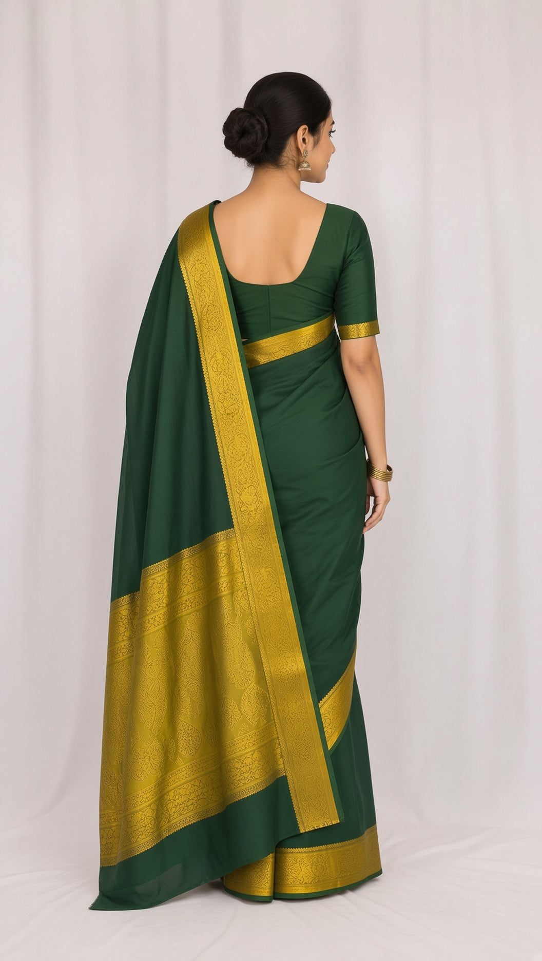 Dark Green Mysore Crepe Saree with Gold Zari Border