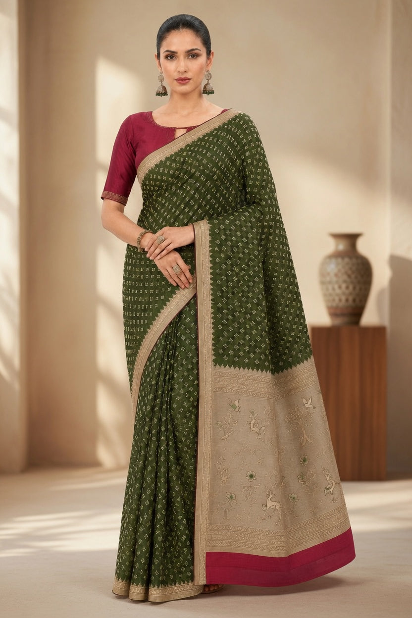 Women's Woven Mul Cotton Saree with Premium Raw Silk Pallu & Contrast Zari Border | Unstitched Blouse Piece