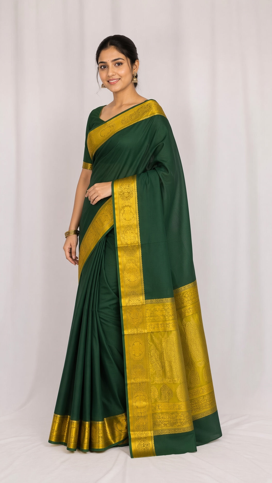 Dark Green Mysore Crepe Saree with Gold Zari Border