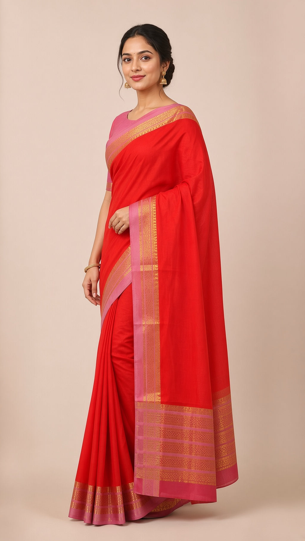 Orange Mysore Crepe Saree with Pink & Gold Zari Border