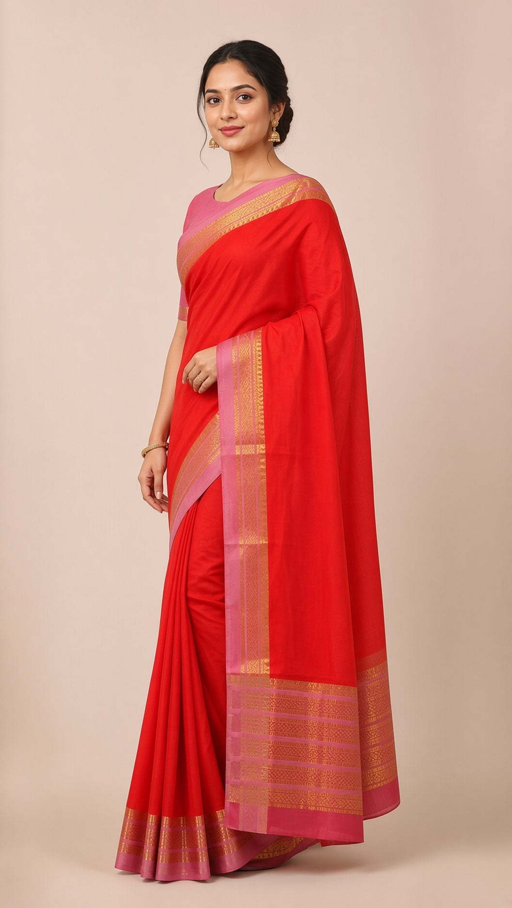 Orange Mysore Crepe Saree with Pink & Gold Zari Border