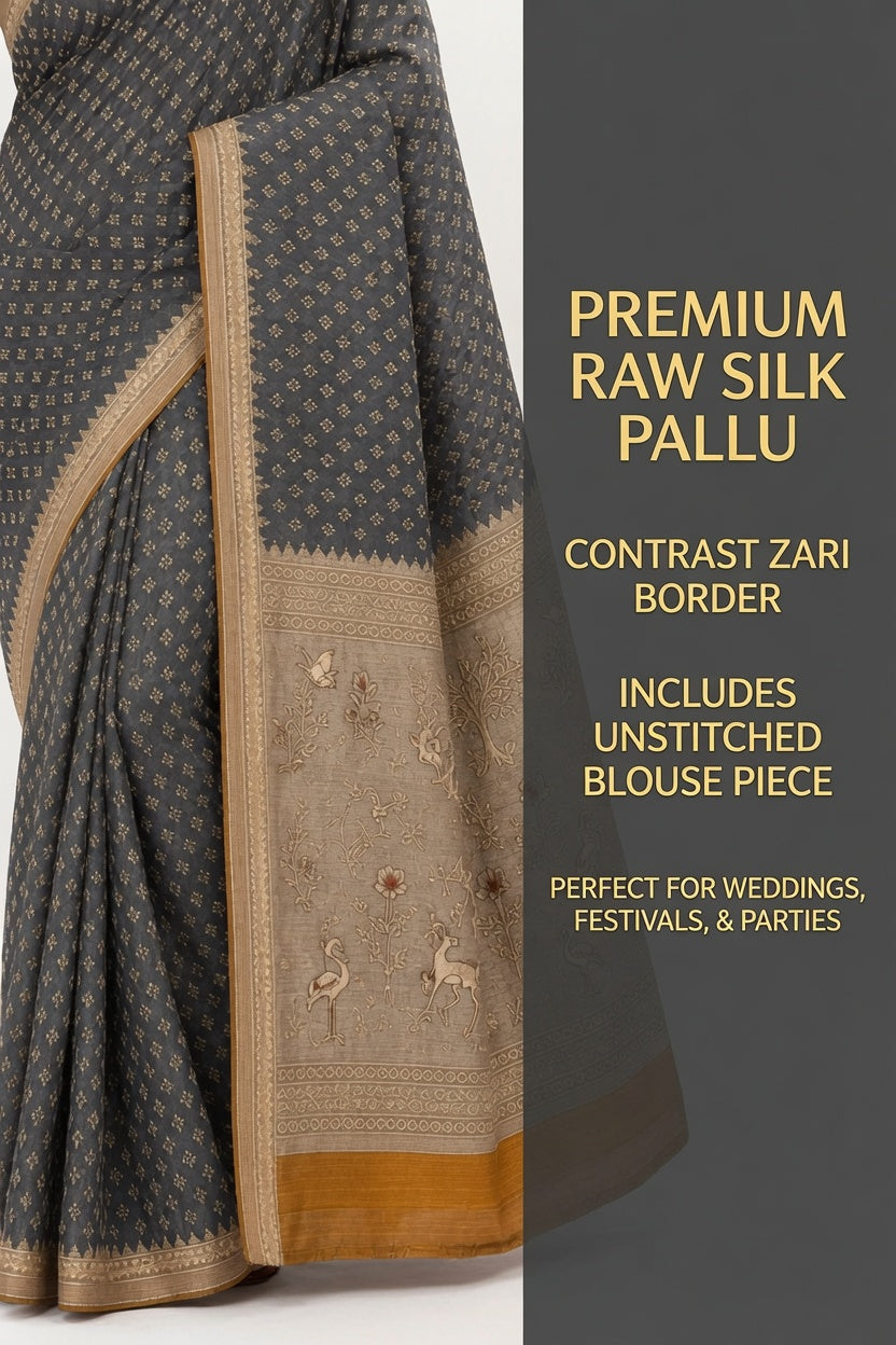 Women's Woven Mul Cotton Saree with Premium Raw Silk Pallu & Contrast Zari Border)