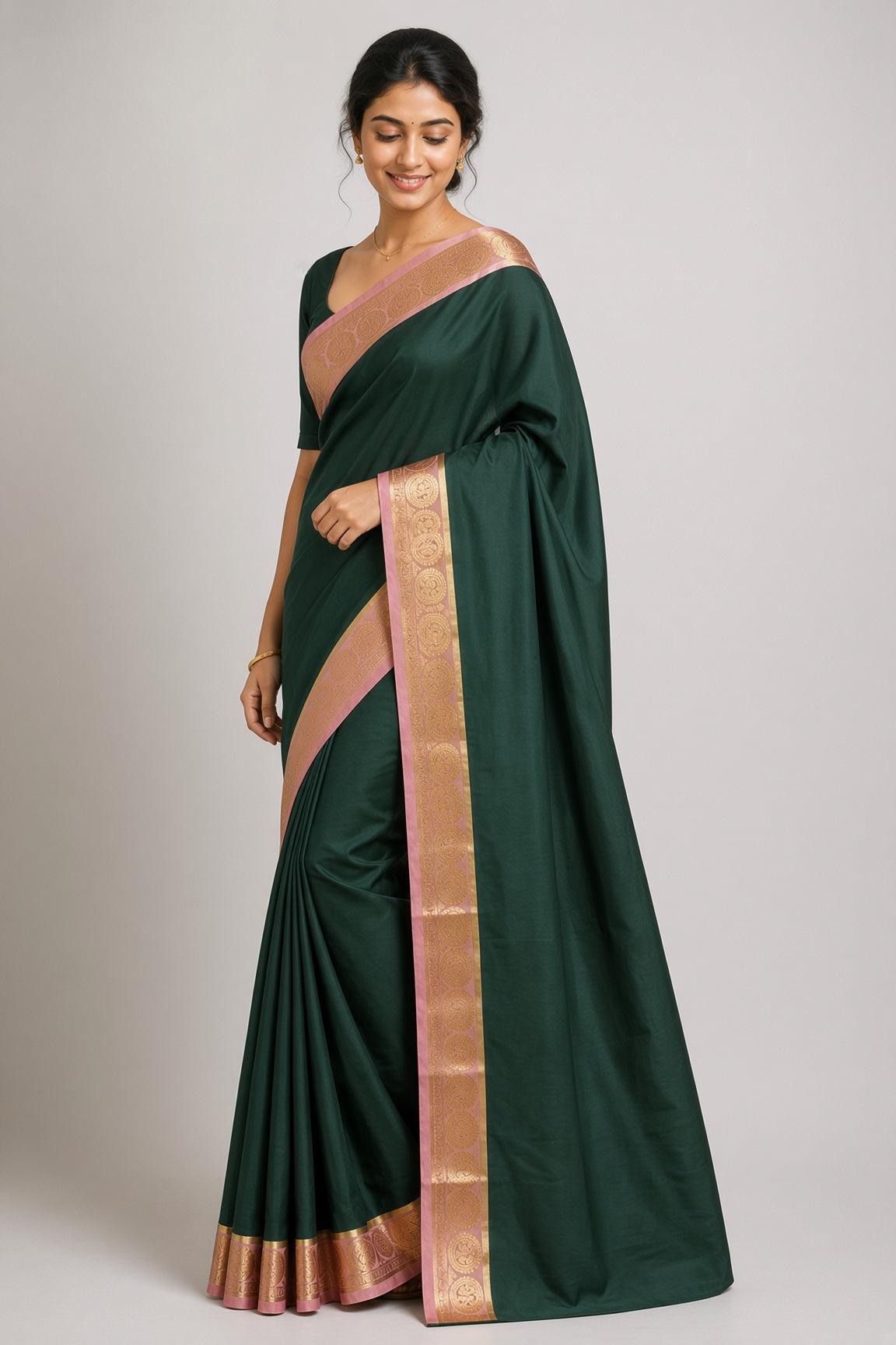 Forest Green Saree with Pink Gold Zari Border