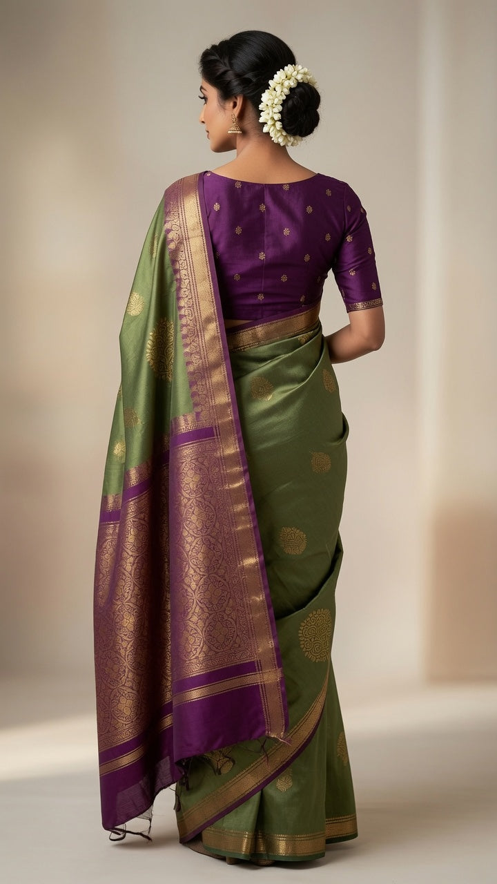 Meera Soft Silk Saree Green with Pink Zari Pallu