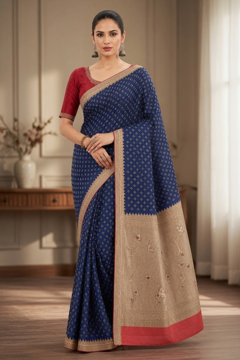 Women's Woven Mul Cotton Saree with Premium Raw Silk Pallu & Contrast Zari Border