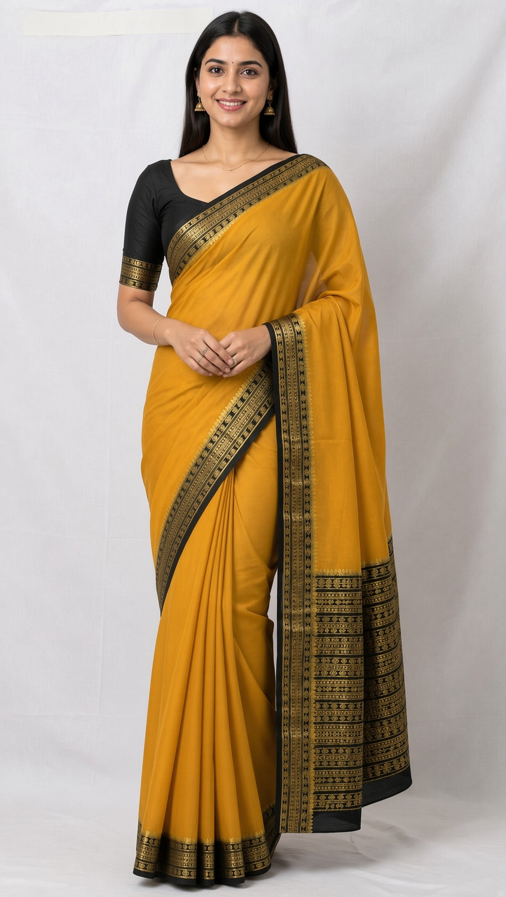 Mustard Yellow Saree with Black & Gold Woven Border