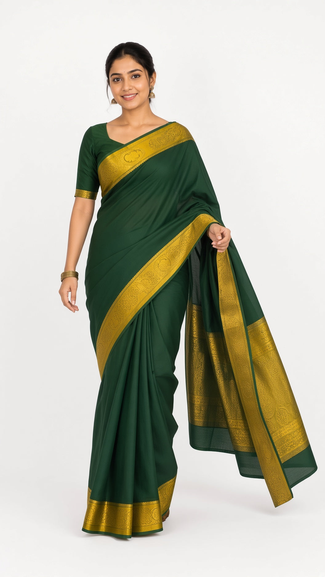 Dark Green Mysore Crepe Saree with Gold Zari Border