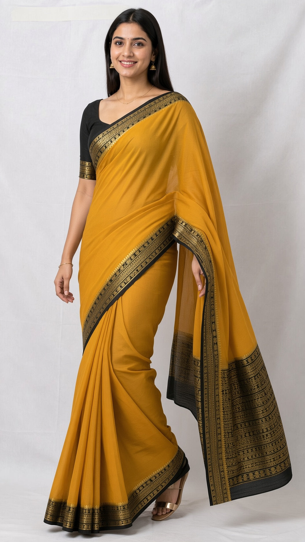 Mustard Yellow Saree with Black & Gold Woven Border