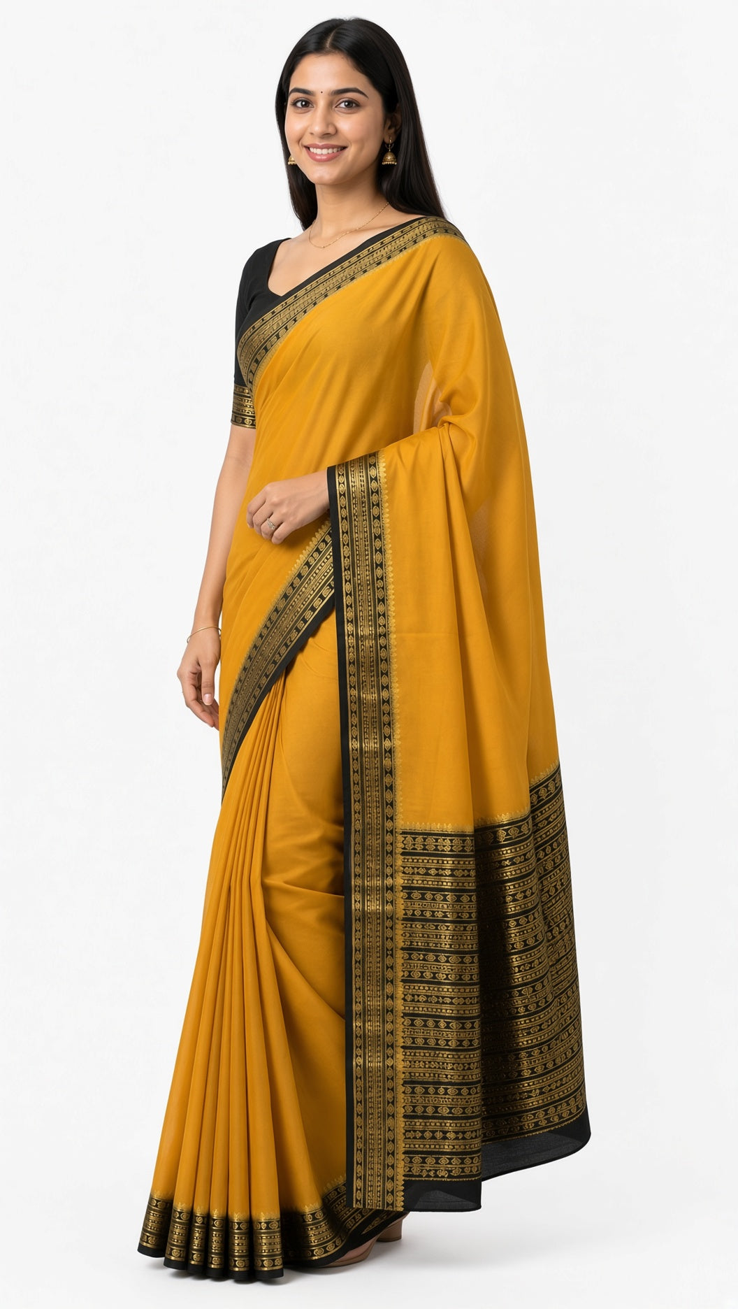 Mustard Yellow Saree with Black & Gold Woven Border