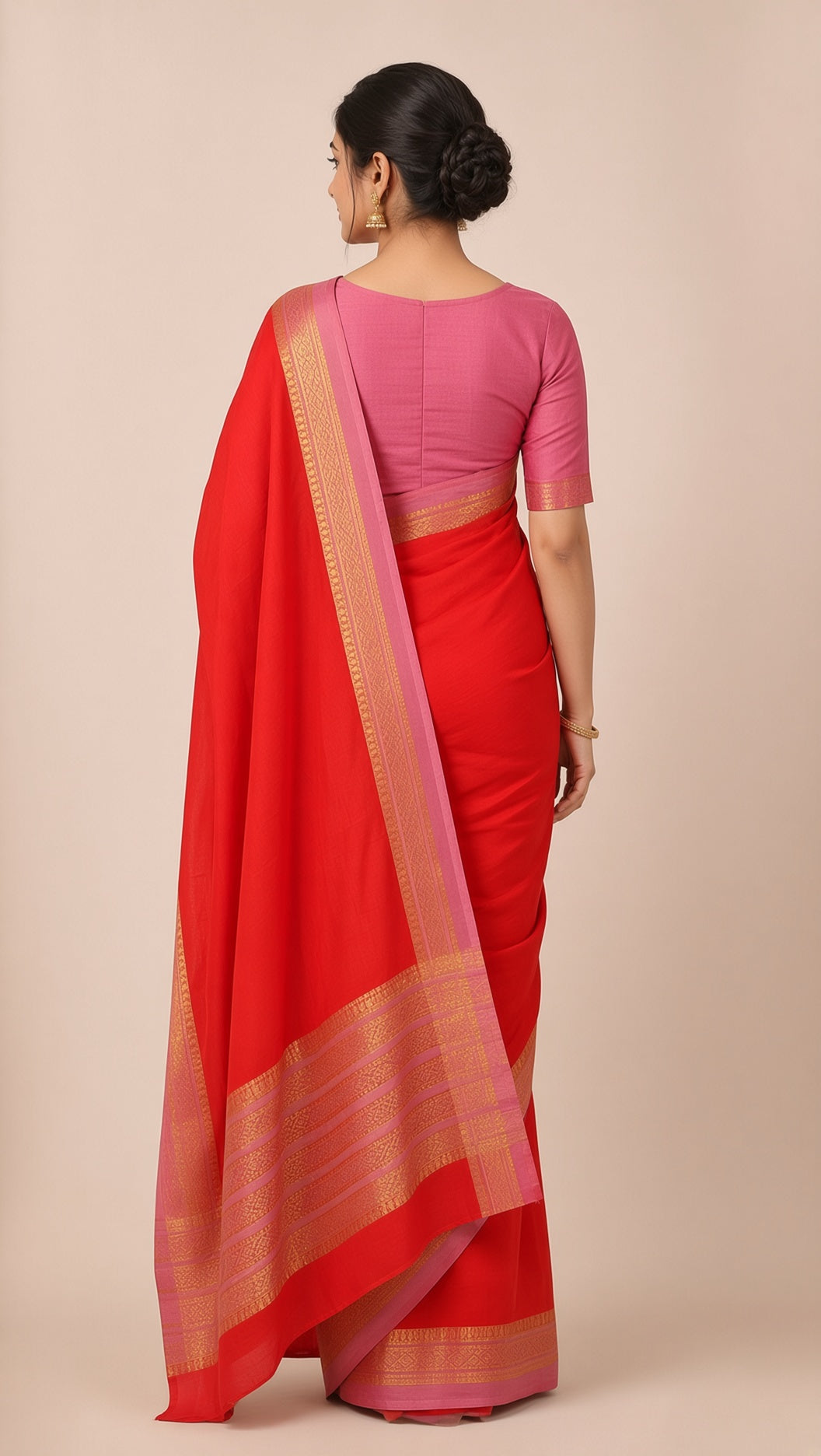 Orange Mysore Crepe Saree with Pink & Gold Zari Border