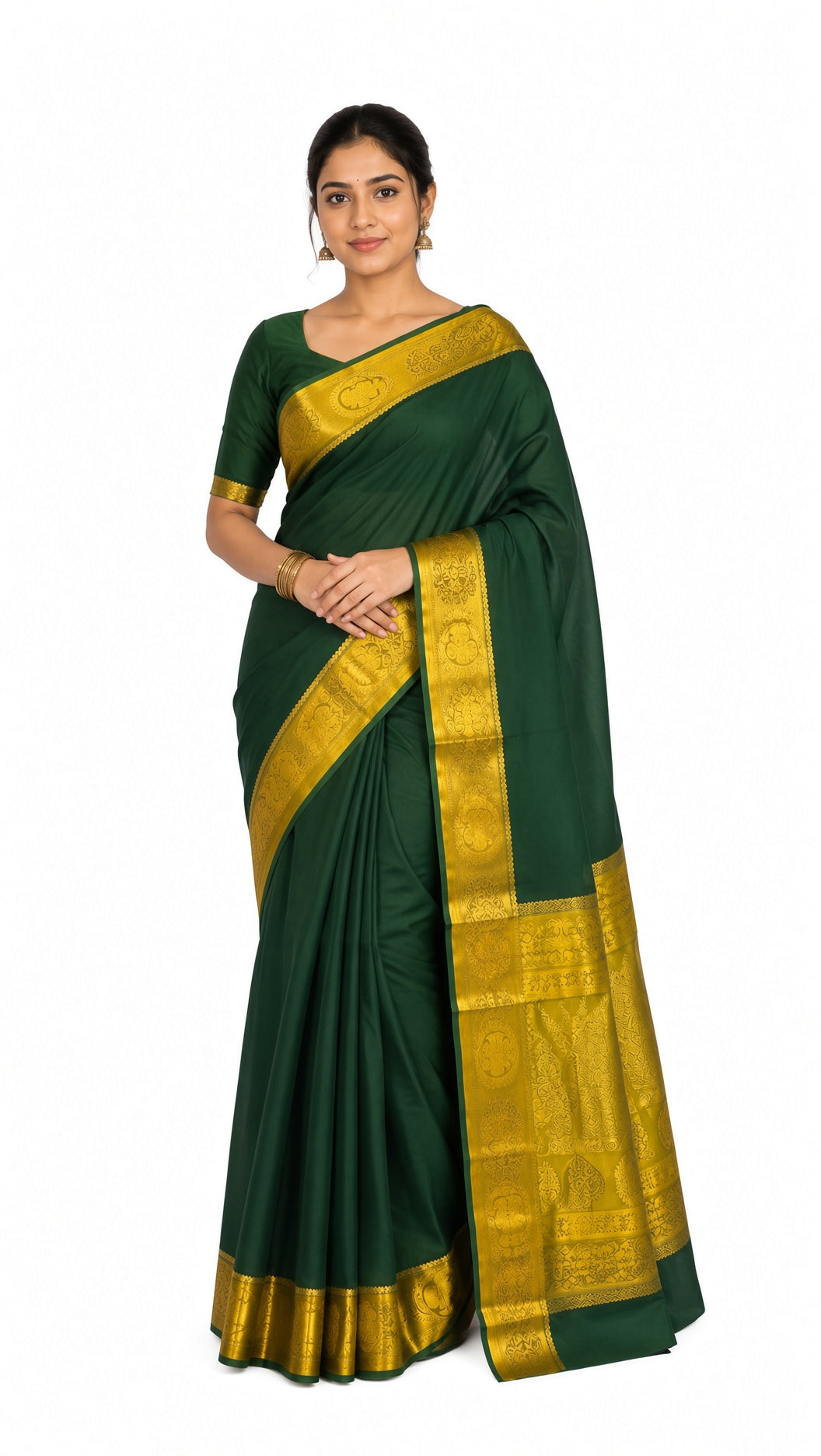 Dark Green Mysore Crepe Saree with Gold Zari Border